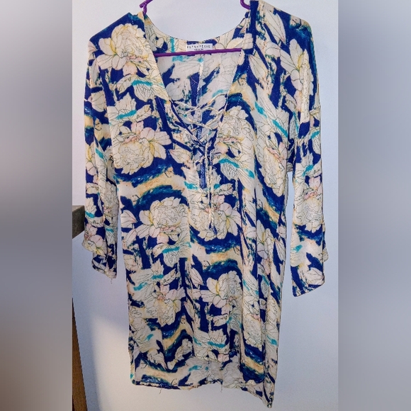 flynn skye lace up front unique floral tunic/ coverup/ minidress XS - Picture 2 of 6